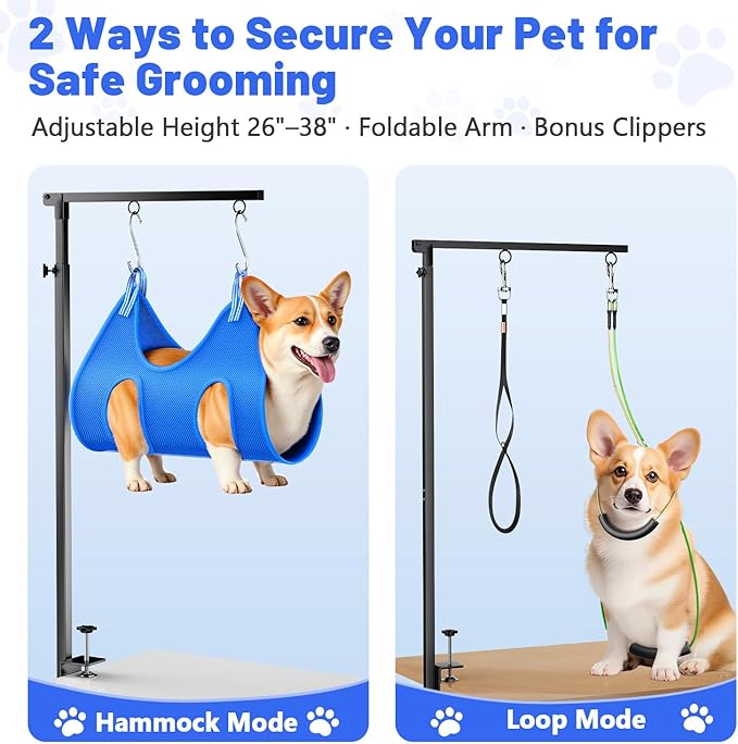 Dog Grooming Arm with Hammock, Adjustable 26"-38" Foldable Grooming Table Arm with Clamp & 2 No-Sit Holders, Heavy Duty for Small & Medium Dogs, Includes Nail Clippers (Table Not Included)