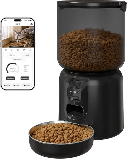 Automatic Cat Feeder with 1080p HD Camera, Automatic Dog Feeder with App Control via 2.4G/5G WiFi, Dual Power System & Voice Recording, 4L Food Dispenser for Cats and Small Dogs, Black