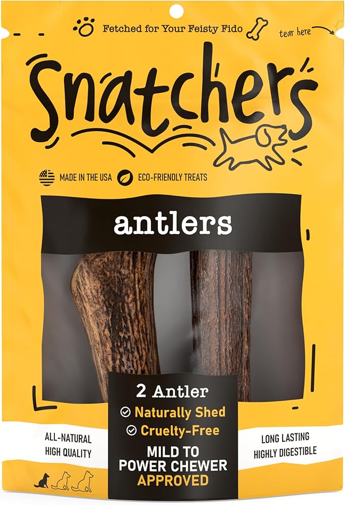 Snatchers Elk Antlers for Dogs – Long Lasting Dog Chews and Dog Toys for Aggressive Chewers, Naturally Shed Deer Antlers for Dogs Processed in The USA, No Additives (Small, 4-5", 2 Count)