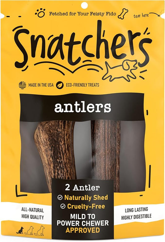 Snatchers Elk Antlers for Dogs – Long Lasting Dog Chews and Dog Toys for Aggressive Chewers, Naturally Shed Deer Antlers for Dogs Processed in The USA, No Additives (Medium, 5-7", 2 Count)