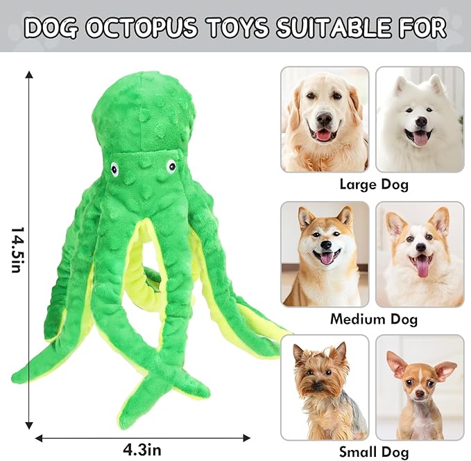 2 Pack Octopus Squesky Dog Toys for Large Medium Small Dogs, Stuffed and Tough Plush Dog Toys for Aggressive Chewers (Blue+Green)
