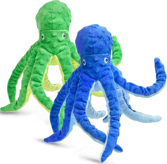 2 Pack Octopus Squesky Dog Toys for Large Medium Small Dogs, Stuffed and Tough Plush Dog Toys for Aggressive Chewers (Blue+Green)