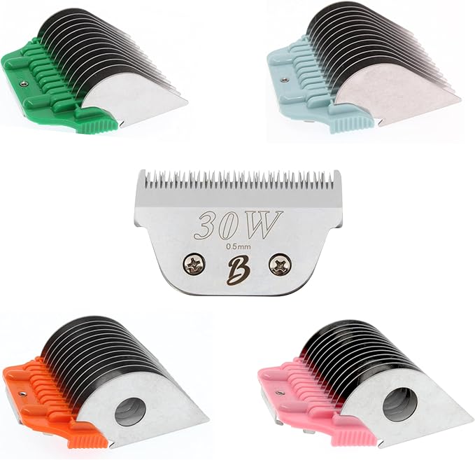 30 Wide Blade & 22mm 25mm 32mm 38mm Wide Clipper Guard Attachment Set for A5 Series Clippers| Stainless Steel Blade for Professional Dog Groomers| Snap-On/Off Design Wide Guard Combs for Dog Grooming