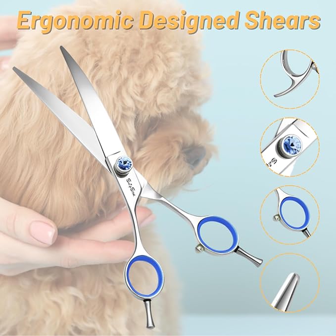 7 Inch Left Handed 50 Teeth Chunker & 30° Curved Dog Grooming Scissors, Japan VG10 Steel Professional Pet Shears, Cutting Scissors for Dogs Cats, with Safety Noiseless Blunt Tip, 30% Thinning Rate