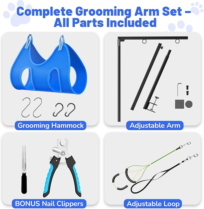 Dog Grooming Arm with Hammock, Adjustable 26"-38" Foldable Grooming Table Arm with Clamp & 2 No-Sit Holders, Heavy Duty for Small & Medium Dogs, Includes Nail Clippers (Table Not Included)