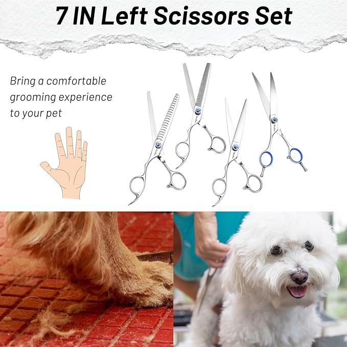 7in Left-Handed Dog Grooming Scissors Set, Japan VG10 Steel Professional Dog Scissors for Grooming, 30° Curved Thinner Chunker Shears Kit with Safety Blunt Tip, Thinning Shears for Dogs Cats Cutting