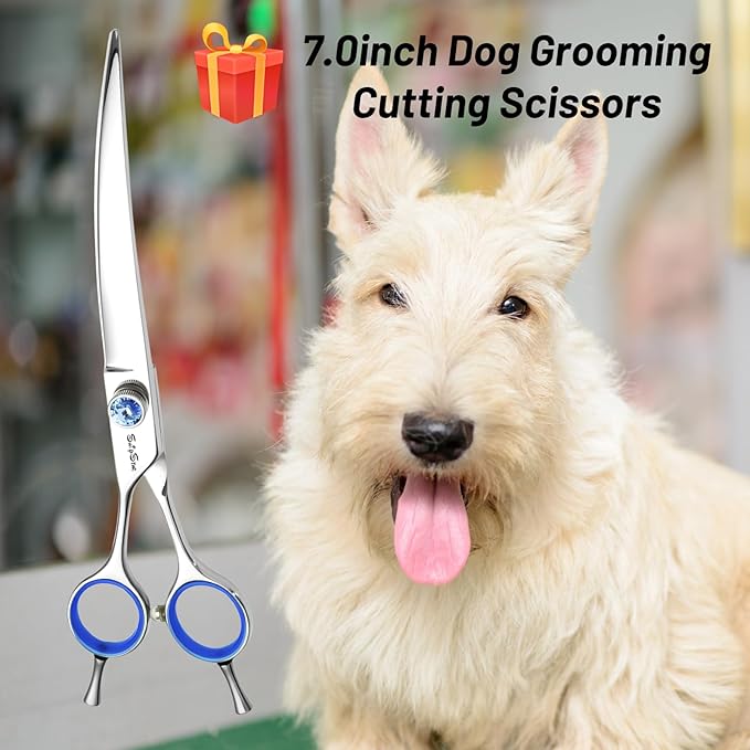 7 Inch Left Handed Curved Dog Grooming Scissors, 30° Downward Bend, Japanese VG10 Steel Professional Pet Shears, Dog Cutting Scissors with Safety Blunt Tip, Trimming Shearing for Dogs Cats