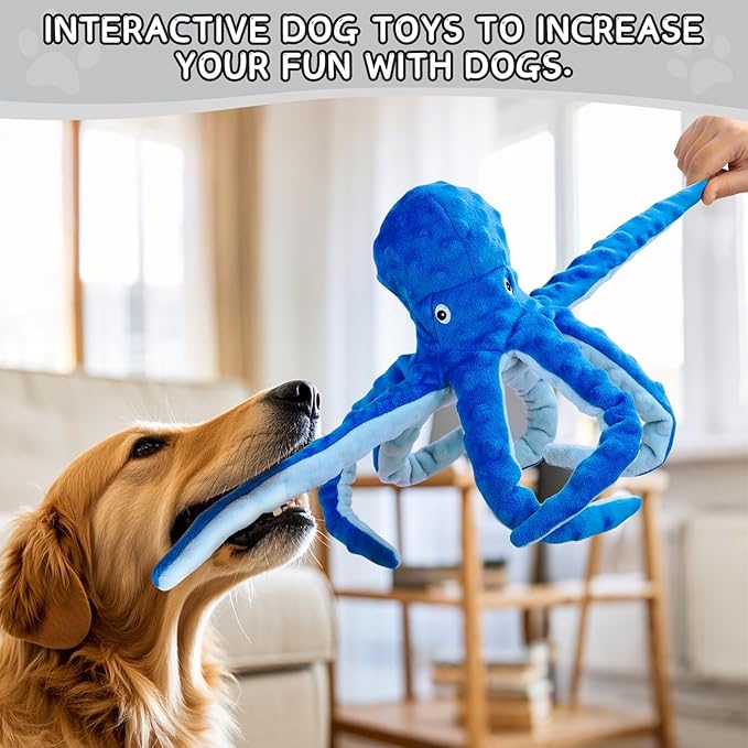 2 Pack Octopus Squesky Dog Toys for Large Medium Small Dogs, Stuffed and Tough Plush Dog Toys for Aggressive Chewers (Blue+Green)