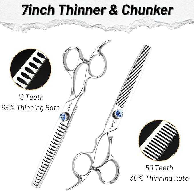 7 Inch Left Handed 30° Curved & 18 Teeth Chunker Dog Grooming Scissors Set, Japanese VG10 Steel Professional Pet Shears, Dog Cutting Scissors with Safety Blunt Tip, Trimming Shearing for Dogs Cats