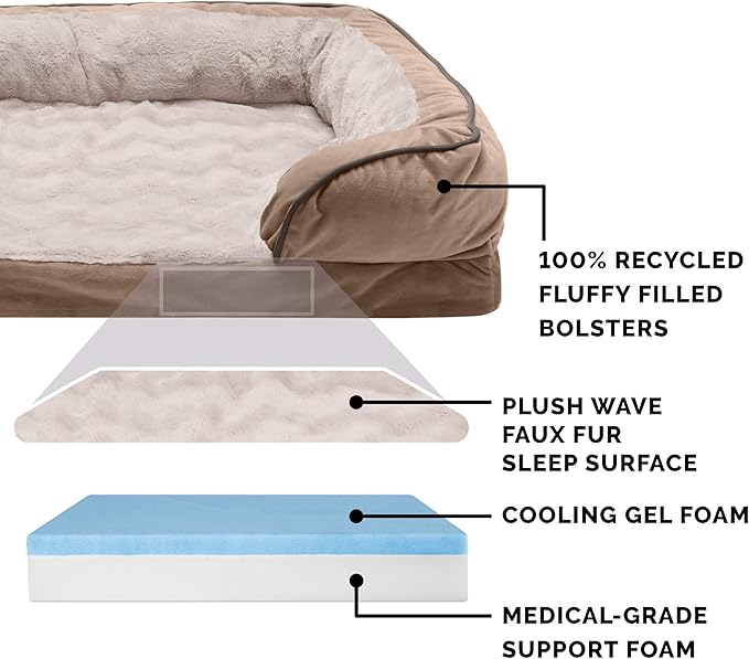 FurHaven Cooling Gel Dog Bed & goDog Toy - Squeaky Moving Plush Lobster for Large Dogs - Plush & Velvet Waves Perfect Comfort Sofa - Brownstone, Jumbo/XL