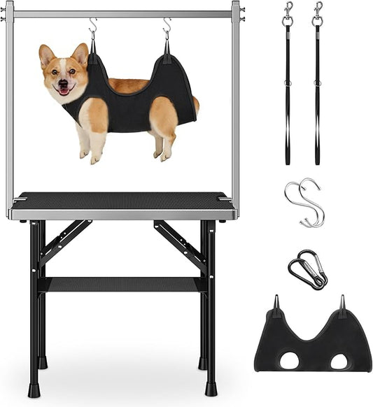 niffgaff Dog Grooming Table with Arm, Hammock & Nooses, 30" H Foldable Heavy Duty Pet Grooming Station, 35.5" L×23.6" W Non-Slip Waterproof Tabletop, 33.5" Height Adjustable Stainless H-Frame Arm