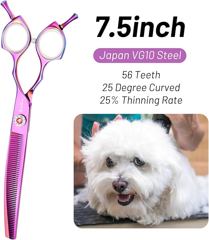 7.5in 25 Degree Curved Scissors for Dog Grooming Chunkers, Professional Dog Grooming Scissors Blender, VG10 Steel Sharp Blades, 56 Teeth High-end Pet Thinning Shears for Dogs Cats, 25% Thinning Rate