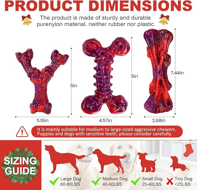 Indestructible Dog Toys for Aggressive Chewers 3-Pack: Tough Nylon Chew Toys for Medium & Large Dogs 25–80 lbs, Beef Flavor, Heavy-Duty Dog Chew Bone, Holiday Dog Gift (Red)