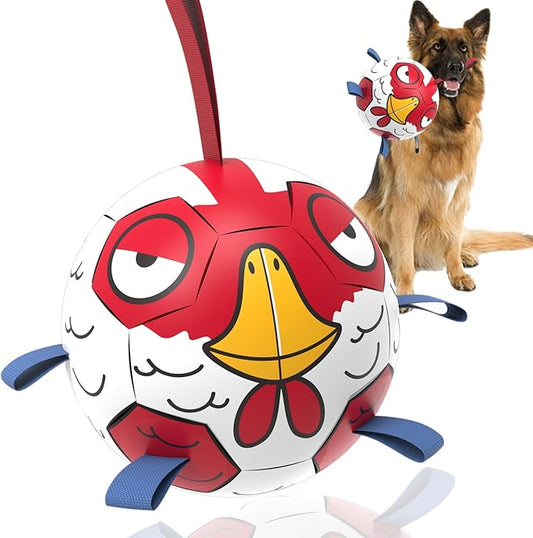 QDAN Chicken Dog Toys Soccer Ball with Straps, Interactive Dog Toys for Tug of War, Puppy Birthday Gifts, Tug Toy, Dogs Water Toy, Durable Dogs Balls for Dog（8 Inch）