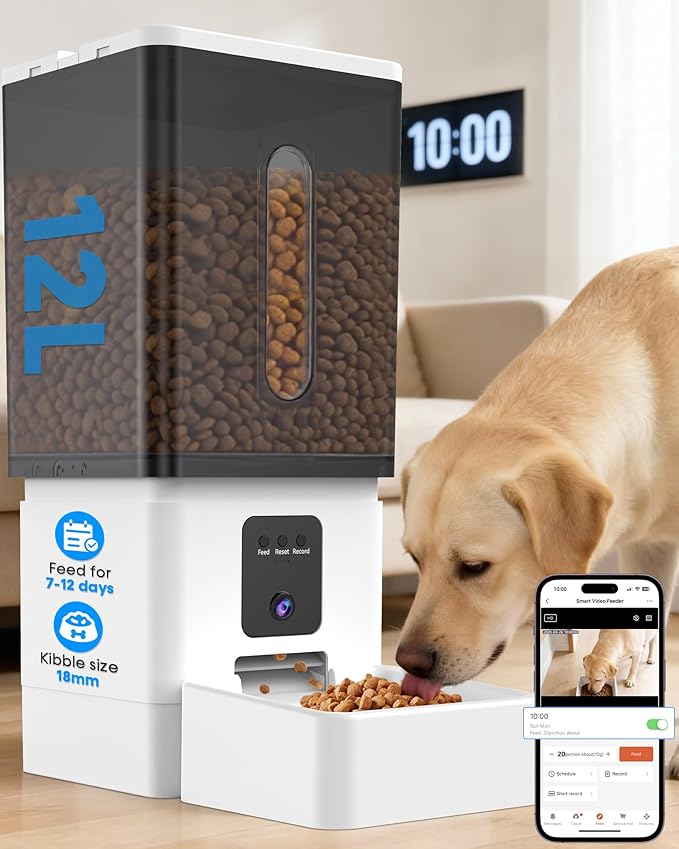Large Dog Automatic Feeder with Camera: 12L/50 Cups Home Smart Dog Feeder for 12 Days Feeding - Anti-Clog with 20mm Wide Chute for Big Breed Owner