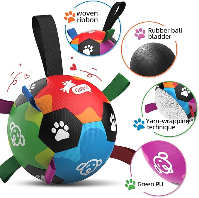QDAN Dog Toys, Durable Dog Balls with Straps to Keep Them Busy, Outdoor Dog Soccer Ball for Small Medium Large Pets, Birthday Toy, Interactive Training Herding Ball (6 Inch)