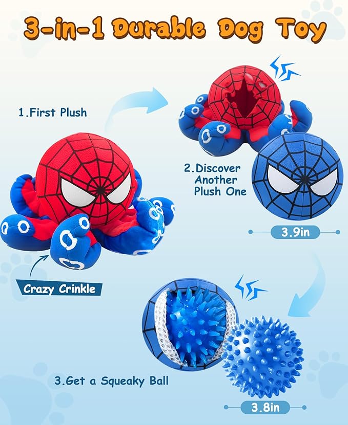 JoySolar 3 in 1 Tear Apart Squeaky Dog Toy - Spider Stuffed Rip and Reveal Dog Toy, Plush Interactive Pet Toy with Spikey Ball Inside for Small Medium Pets to Keep Them Busy