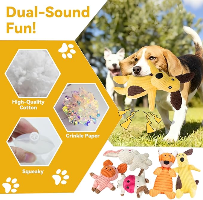 Squeaky Plush Dog Toys: 5 Pack Tough Stuffed Toys - Chew Teething Crinkle Boredom Relief for Puppy Small Medium Large Breed Dogs - Christmas Birthday Gift