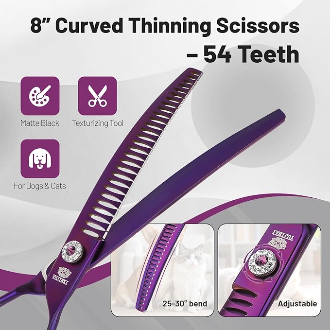 Curved Chunkers Dog Grooming Scissors 8 inch Professional Curved Shears for Dogs Pet Grooming Thinning Scissors for Medium and Large Dogs
