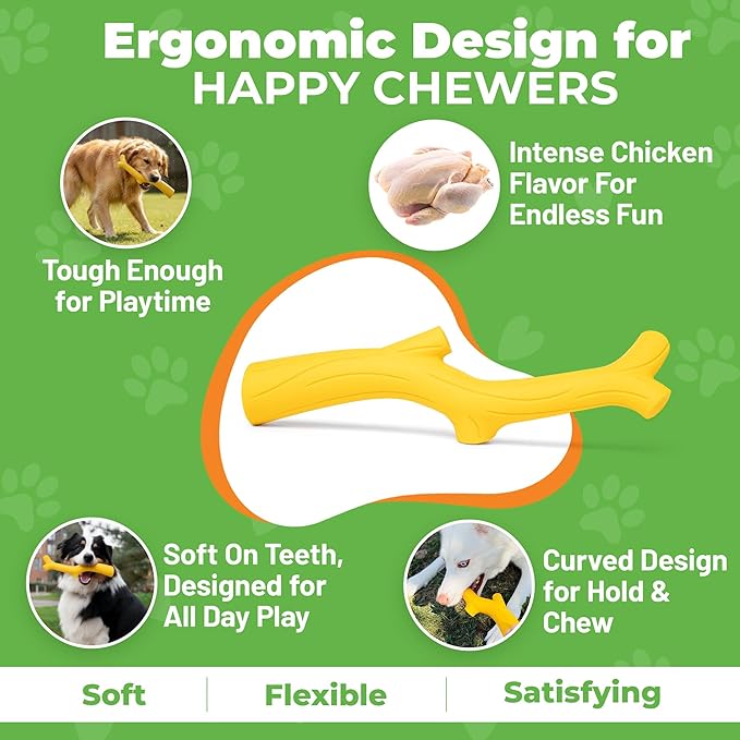 Natural Rubber Durable Dog Toys for Large & Medium Dogs Brown Bacon Flavored Curved Branch Shape Tough Chew Toy for Dogs Safe Tested & Non-Toxic Squeak Dog Toys (Yellow)