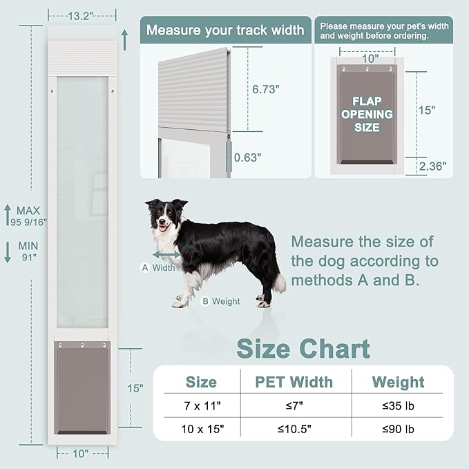 Dog Door for Sliding Glass Doors, Adjustable Height 91"-95 9/16" Aluminum Frame Tempered Sliding Door Dog Doors Insert with Lock, 10 x 15 Flap Size for Large Dogs
