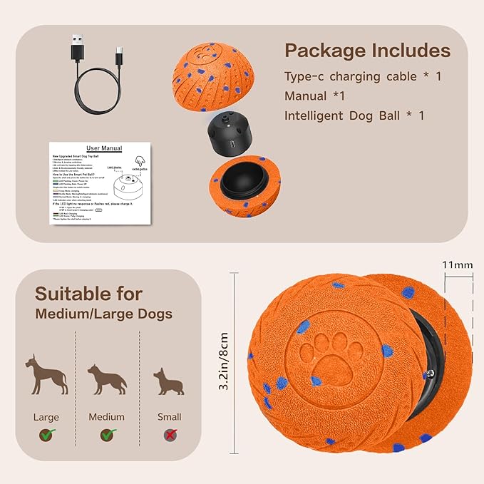 Interactive Dog Ball, Smart Interactive Dog Toys for Medium and Large Dogs, Automatic Moving, Bouncing, and Rotating Pet Balls with E-TPU Material, IP54 Waterproof Dog Toy to Keep Them Busy