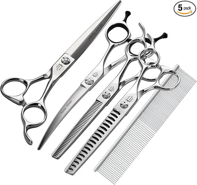 Dog Grooming Scissors: 5 IN 1 Professional Grooming Scissors for Pet High Precision CNC-Cut Blades, Silver (SET, 7")