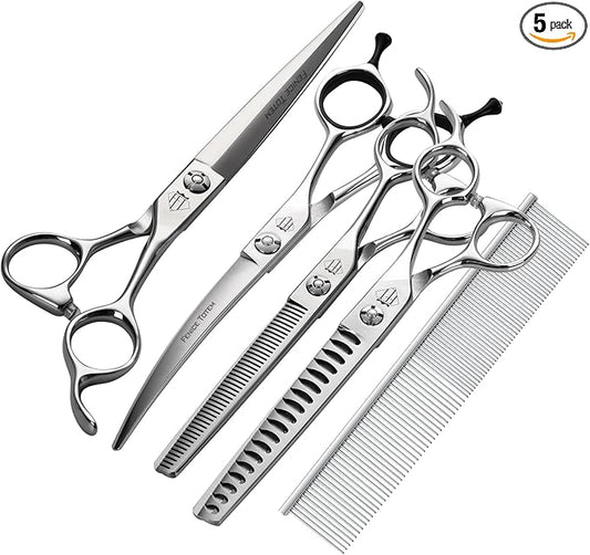 Dog Grooming Scissors: 5 IN 1 Professional Grooming Scissors for Pet High Precision CNC-Cut Blades, Silver (SET, 7")