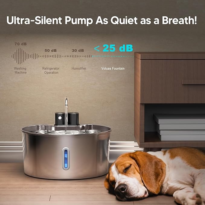 Voluas Dog Water Fountain: 1.8Gal/7L Wireless Stainless Steel Dog Fountain Bowl for Small to Large Dogs, Battery Operated Pet Water Dispenser Indoor with Ultra-Quiet Pump, Multi-Filtration, Easy Clean