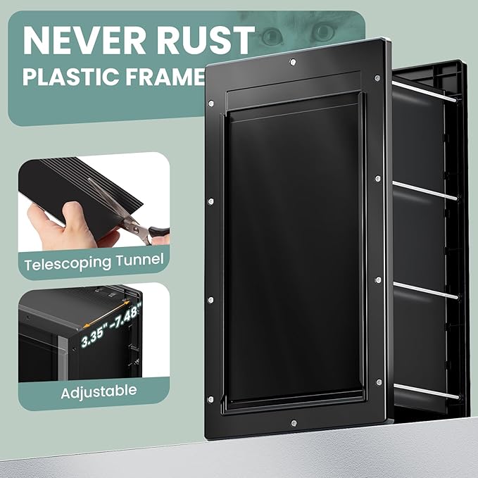 Durable Frame 3-Flap Wall Dog Door, Extreme Weather Medium Doggie Door for Wall, Never Rust Plastic Wall Pet Door, Telescoping Tunnel, Insulation Flap, 2 Magnetic Flaps, for Pet Up to 45lb