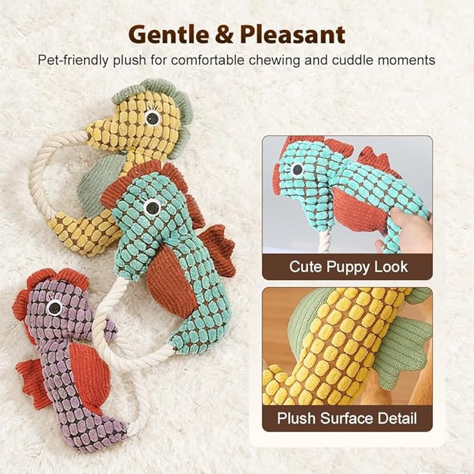 Indestructible Lush Squeaky Toys Indestructible Chew Toy, New Durable Plush Dog Toys for Aggressive Chewers, for Small Medium Large Dogs (Green Seahorse)
