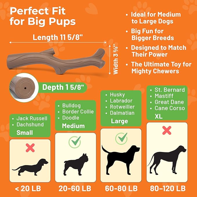 Natural Rubber Durable Dog Toys for Large & Medium Dogs Brown Bacon Flavored Curved Branch Shape Tough Chew Toy for Dogs Safe Tested & Non-Toxic Squeak Dog Toys (Brown)