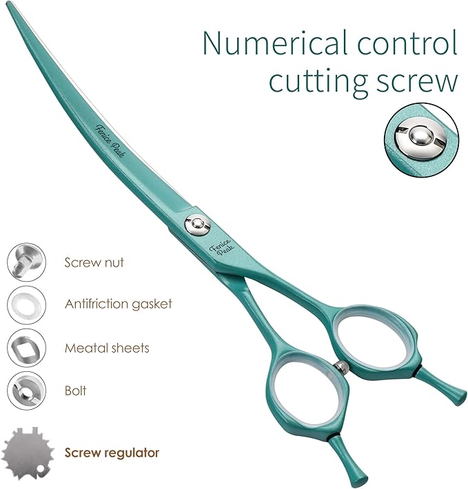 Fenice Peak Curved Dog Grooming Scissors with Green Color Coating 440C Stainless Steel Pet Grooming Bending Shears Sharp and Durable Comfortable Engonomic Handle