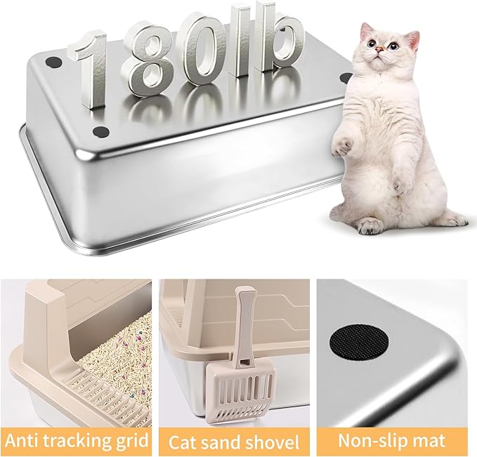 Extra Large Stainless Steel Litter Box, XXXL 27.6" H x 19.7" W x 11.8" H Metal High Sided Cat Litter Box with Scoop, Leak-Proof, Easy Clean for Big Cats/Multiple Cats (Khaki)