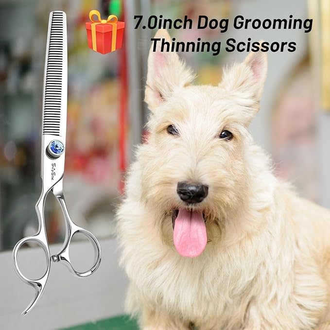 7 Inch Left Handed Dog Grooming Scissors, Japanese VG10 Steel Professional Pet Shears, 50 Teeth Dog Cutting Scissors for Dogs Cats, with Safety Blunt Tip, 30% Thinning Rate