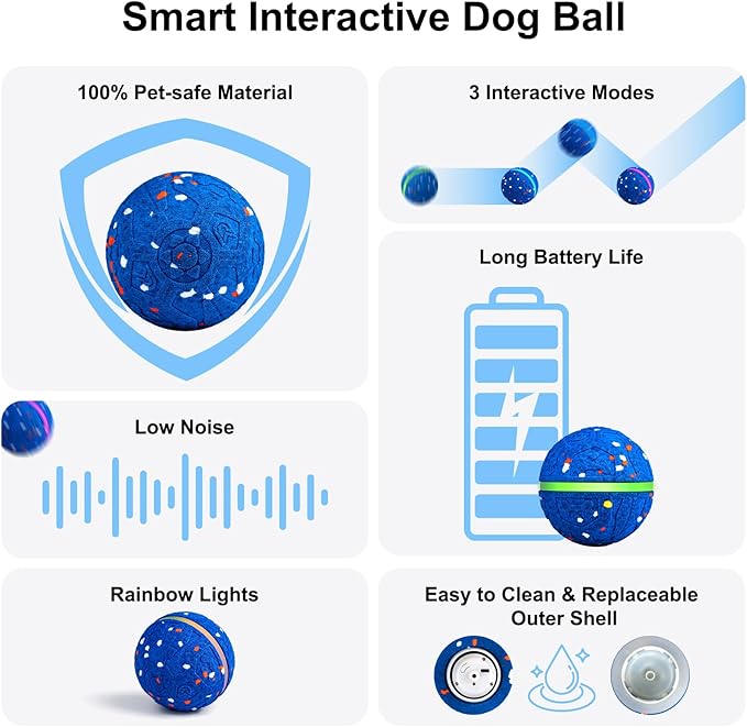 Interactive Dog Toys Dog Ball, Durable E-TPU Material,3 Play Modes with Colorful Lights, Automatic Moving, Bouncing and Rotating for Medium and Large Dogs Indoor & Outdoor (Blue)
