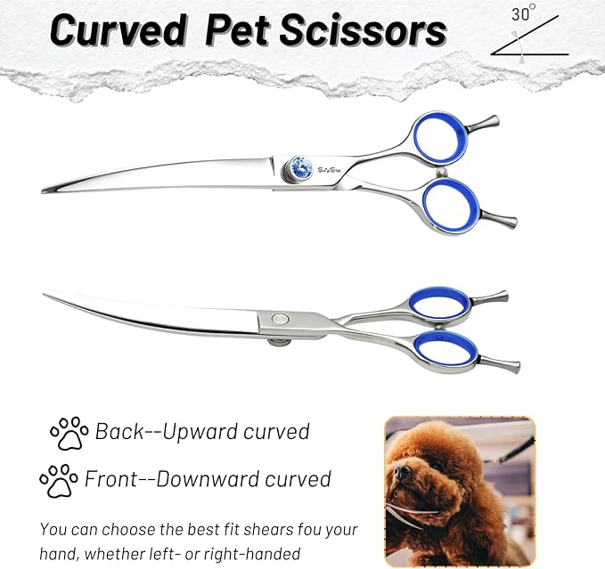 7 Inch Left Handed 50 Teeth Chunker & 30° Curved Dog Grooming Scissors, Japan VG10 Steel Professional Pet Shears, Cutting Scissors for Dogs Cats, with Safety Noiseless Blunt Tip, 30% Thinning Rate