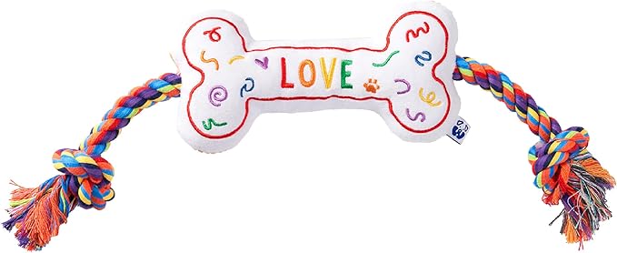 Love Bone Interactive Dog Toy - Interactive Tug Rope Pet Toy - Cute Unique Design Party Pride Love Gift - Small Medium Puppy - Durable Chew Resistant Plush with Squeaker for Teething