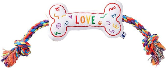 Love Bone Interactive Dog Toy - Interactive Tug Rope Pet Toy - Cute Unique Design Party Pride Love Gift - Small Medium Puppy - Durable Chew Resistant Plush with Squeaker for Teething
