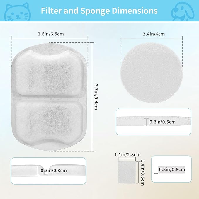 16 Set Dog Fountain Filter Replacement for 7L/230oz/1.8G Stainless Steel Dog Water Dispenser, YOIHABV Cat Fountain Filters, Triple Filtration Pet Water Filter, Replacement Filters and Sponges