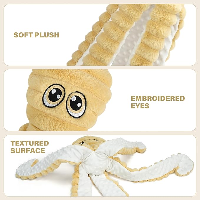 Prime Pets Dog Toys for Large Dogs, 27” Extra Large Plush Octopus Dog Toy, Crinkle Squeaky Dog Toys for Small Medium Large Dogs, Tug of War Dog Chew Toy, Yellow