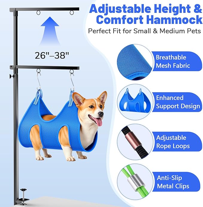 Dog Grooming Arm with Hammock, Adjustable 26"-38" Foldable Grooming Table Arm with Clamp & 2 No-Sit Holders, Heavy Duty for Small & Medium Dogs, Includes Nail Clippers (Table Not Included)