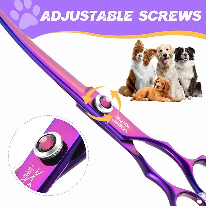 JASON Dog Scissors for Grooming - 7.5" Curved Scissors for Dog Grooming with Round Tips, Japanese 440C Stainless Steel Curved Shears with Diamond Adjustable Screw Christmas Gift