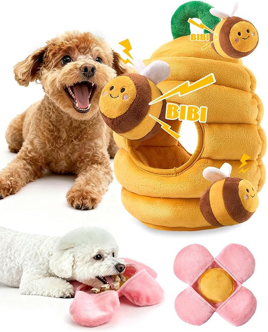 BurgeonNest Dog Toys for Small Dogs,Interactive Plush Squeak Puzzles Chewers to Keep Them Busy,1 Beehive 3 Squeaky Bees,2 Treat Petals,Puppy Xmas Present