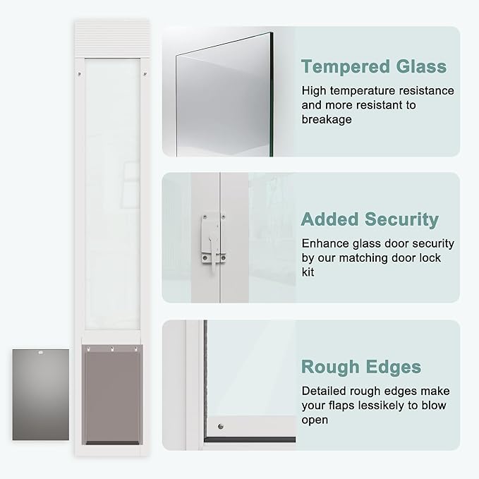 Dog Door for Sliding Glass Doors, Adjustable Height 91"-95 9/16" Aluminum Frame Tempered Sliding Door Dog Doors Insert with Lock, 10 x 15 Flap Size for Large Dogs