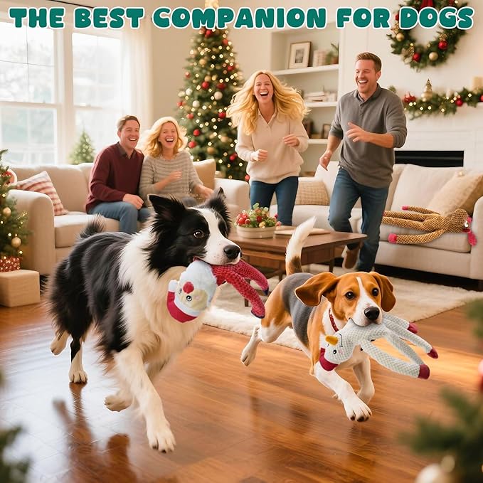 Christmas Squeaky Dog Toys no Stuffing 3-Pack Interactive Dog Toy for Puppy Teething Chew Toy Deer Snowman Santa Claus with Crinkle Paper Tail Keep Them Busy, for Large Medium Small Breeds