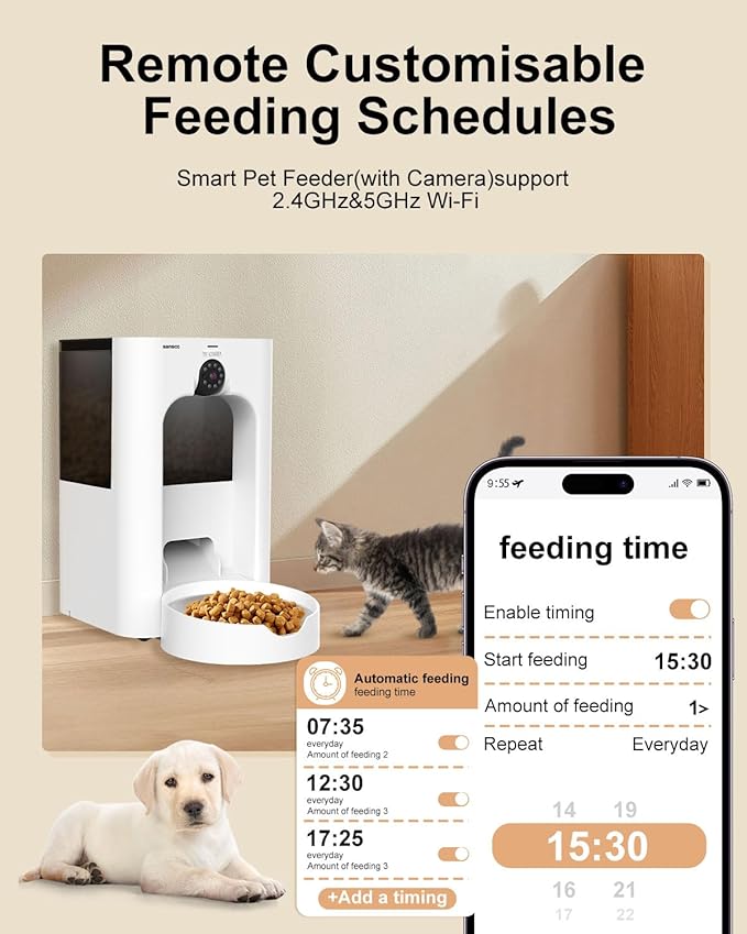 SANSCO Automatic Cat Feeder with Camera: Automatic Dog Feeder, 2K 3MP Video Recording Timed 2.4 & 5GHz WiFi App Control Pet Feeder Dispenser for Cat Dog, Rotates Up and Down, 4L
