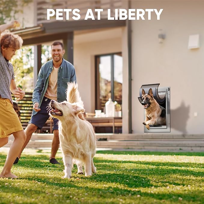 Dog Door for Wall, Medium Dog Door with 3-Flap, Aluminum Doggie Door, Heavy Duty Pet Door with Lock, Telescoping Tunnel for Interior Exterior Wall, Pets Up to 45LB