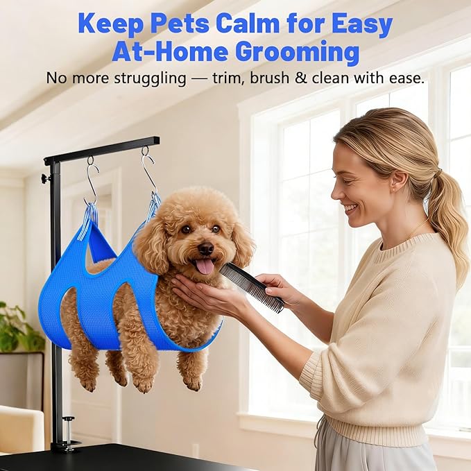 Dog Grooming Arm with Hammock, Adjustable 26"-38" Foldable Grooming Table Arm with Clamp & 2 No-Sit Holders, Heavy Duty for Small & Medium Dogs, Includes Nail Clippers (Table Not Included)
