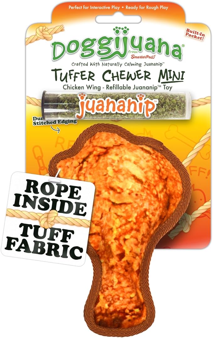 Doggijuana Tuffer Chewer Mini Plush Dog Toy | Funny Dog Toy Plush with Juananip Catnip for Dogs | Calming Aid for Dogs | Interactive Squeaky Chew Toy for Play (Chicken Wing)